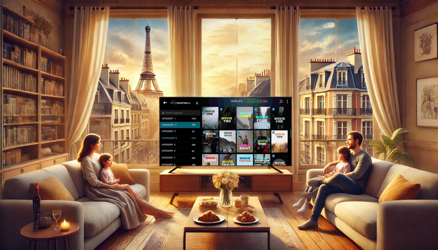 Une famille française regardant l'IPTV dans un salon chaleureux avec une grande télévision affichant des services de streaming comme Netflix, Amazon Prime et des chaînes locales. La scène inclut une vue sur la Tour Eiffel à travers les fenêtres, des croissants sur la table et une ambiance cosy, illustrant les avantages des applications IPTV en France.