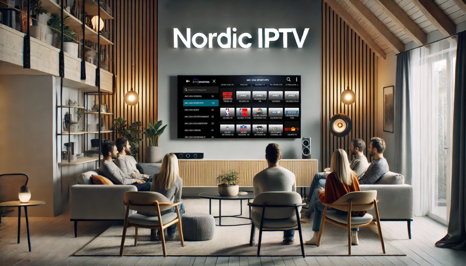 En grupp människor som tittar på Nordic IPTV i en modern och mysig vardagsrumsmiljö, med en stor TV-skärm som visar IPTV-kanaler.